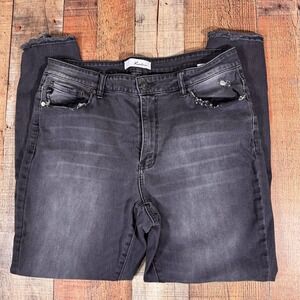 Kancan Black Distressed Skinny Jeans Women's 1XL High Rise Raw Hem Stretch Denim
